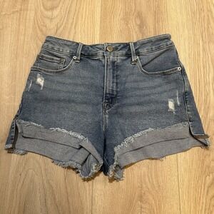 Good American Shorts Women 6/28 Blue Good Curve Raw Hem High Rise Festival Beach